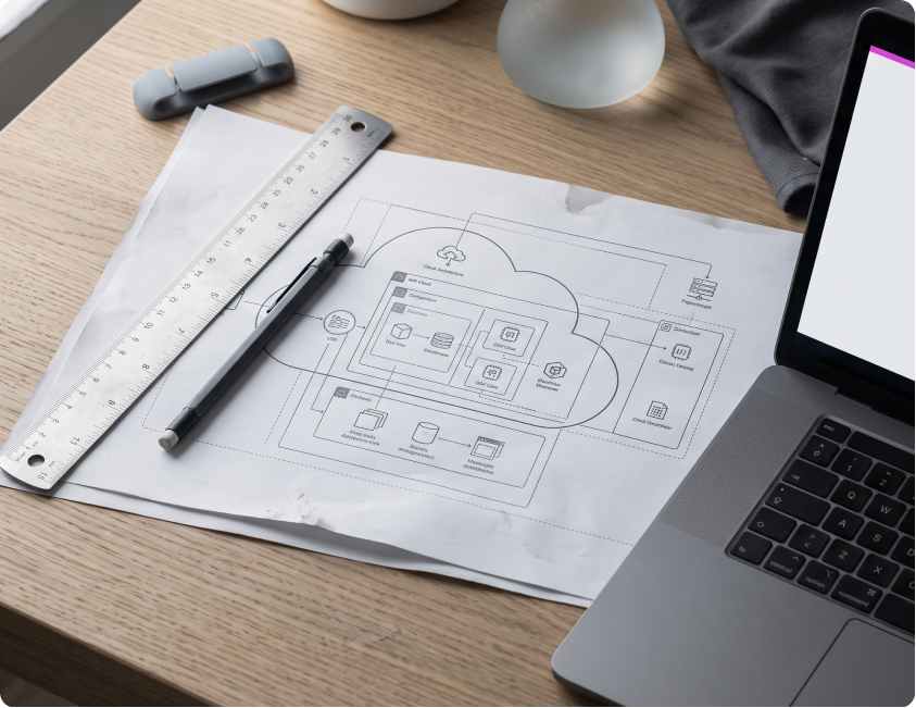 Designer’s desk with notebook, representing design and development services
