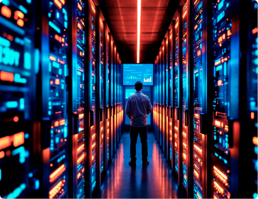 Data center corridor representing AI strategy and integration