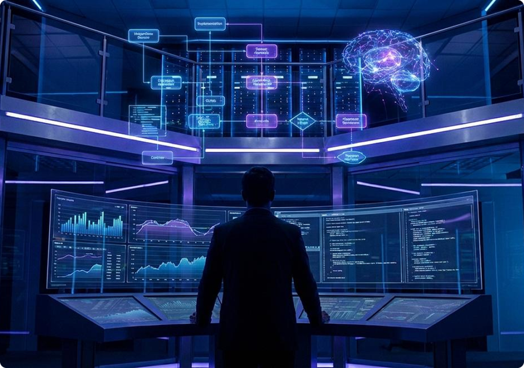 Person standing before multiple screens displaying data and a glowing network graphic