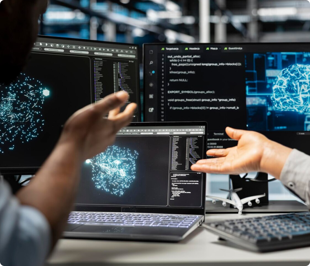 Hands reaching toward glowing digital network patterns representing AI integration
