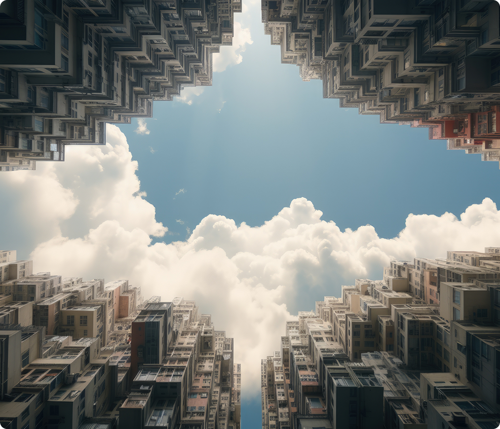 Clouds rising above city buildings, symbolizing cloud migration