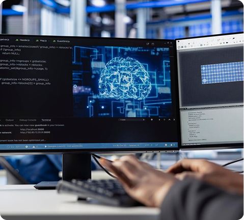 Person typing on a laptop with a glowing digital network overlay
