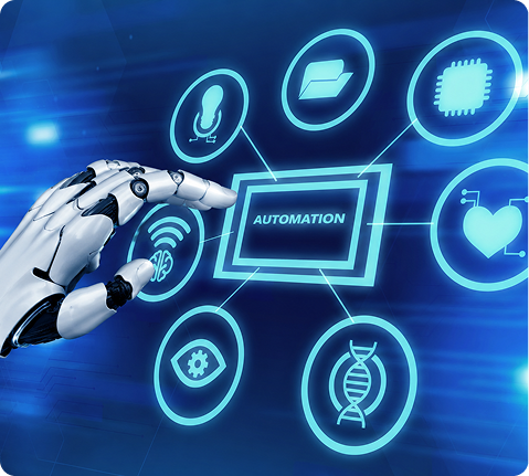 Robotic hand interacting with holographic AI interface icons