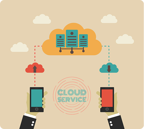 Isometric illustration of cloud services connecting multiple devices