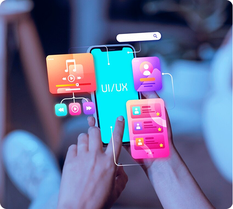 Hand holding a smartphone displaying colorful app interface mockups