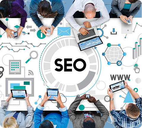 Collage of icons representing SEO strategy