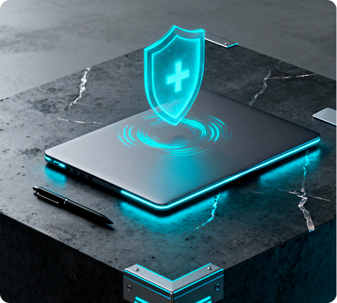 Laptop displaying a glowing digital shield icon representing cloud security