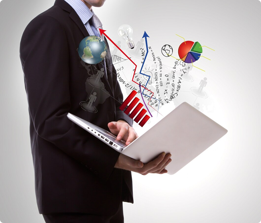 Businessman reviewing a tablet with financial growth charts overlaid