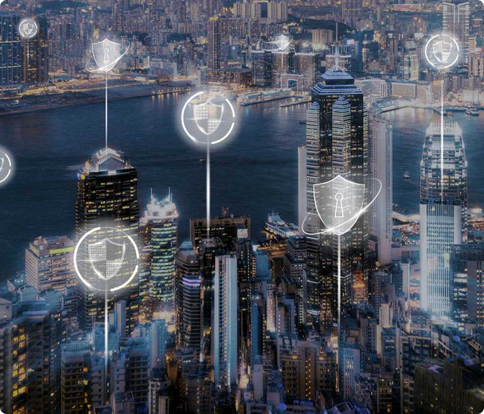 Aerial city view overlaid with security monitoring icons